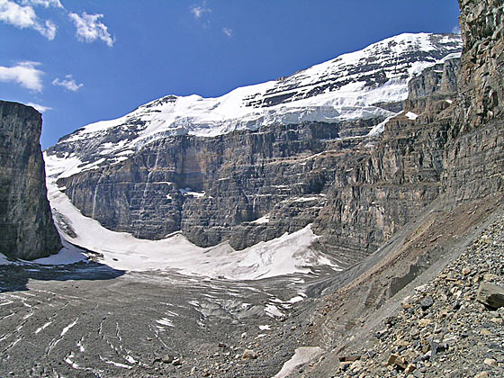 Waterfall tumbling down from the Victoria Glacier 