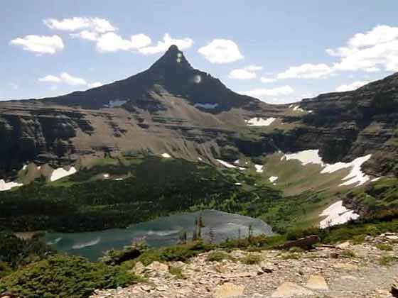 View of Old Man Lake from the switchbacks climbing to Pitamakan Pass 