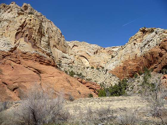 The colors of the canyon walls contrast nicely with the clear blue sky 